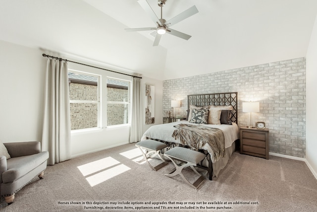 carpeted bedroom featuring vaulted ceiling and ceiling fan