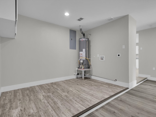 interior space featuring light wood-type flooring, electric panel, and water heater