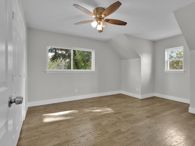 bonus room featuring a healthy amount of sunlight, hardwood / wood-style flooring, and ceiling fan