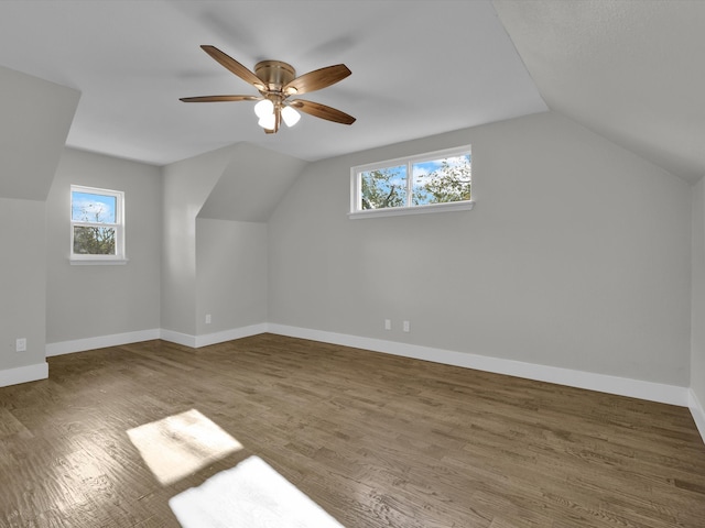 additional living space with lofted ceiling, ceiling fan, wood-type flooring, and a wealth of natural light