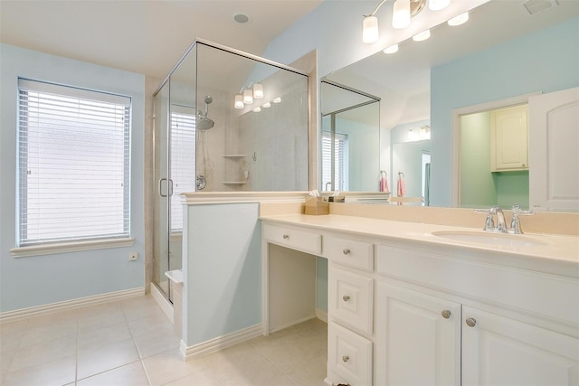 bathroom featuring tile patterned flooring, vanity, and walk in shower