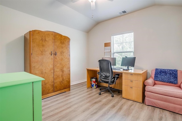 office area with ceiling fan, light hardwood / wood-style floors, and lofted ceiling