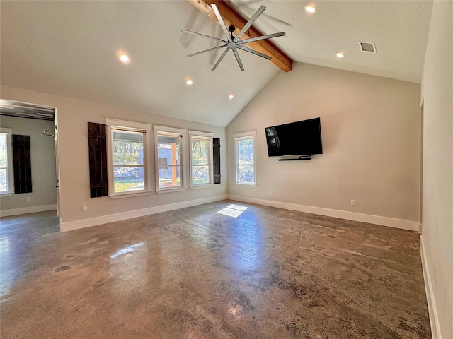 166 Oak Ridge Loop, Whitney, TX 76692 - unfurnished living room with concrete floors, beamed ceiling, baseboards, recessed lighting, and ceiling fan