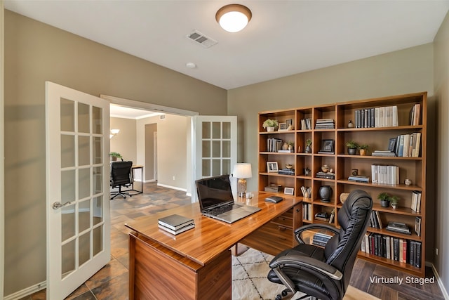 office area featuring baseboards, visible vents, and french doors