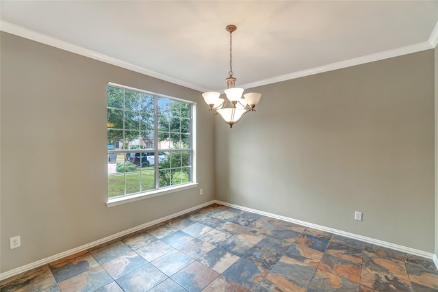 empty room with an inviting chandelier and crown molding