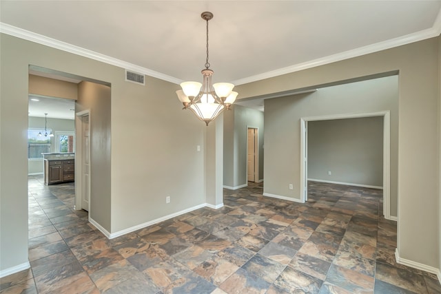 unfurnished dining area with crown molding and a chandelier