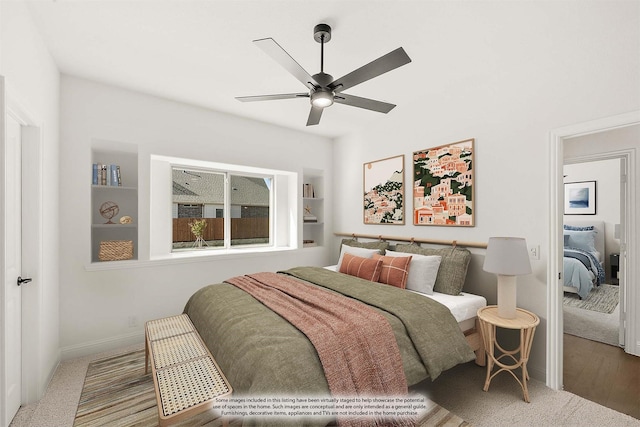 bedroom featuring carpet flooring, baseboards, and a ceiling fan