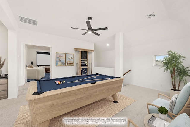 playroom with carpet flooring, pool table, a ceiling fan, and visible vents
