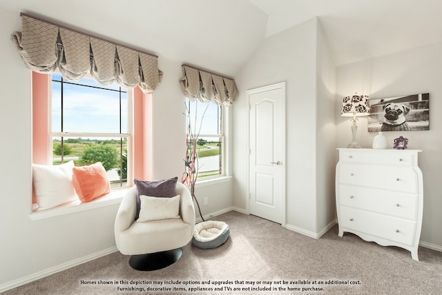 sitting room featuring lofted ceiling and carpet flooring