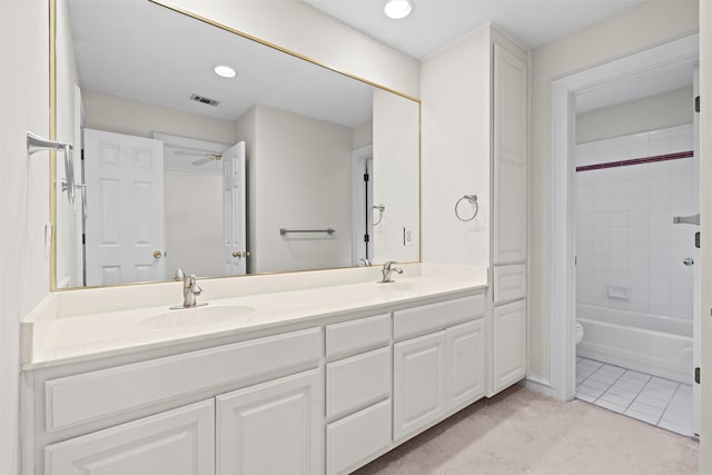 full bathroom with vanity, toilet, bathing tub / shower combination, and tile patterned flooring