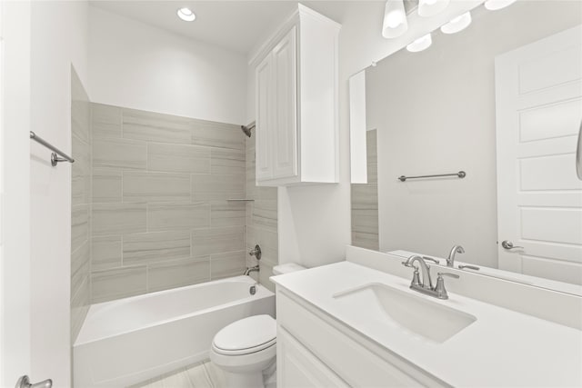 bathroom with vanity, toilet, shower / washtub combination, and recessed lighting