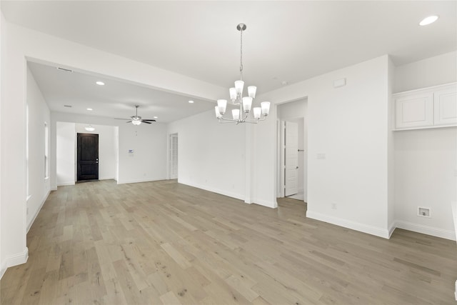 3601 Long Branch Blvd, Rowlett, TX 75088 - unfurnished living room featuring a chandelier, recessed lighting, light wood-style floors, baseboards, and a ceiling fan