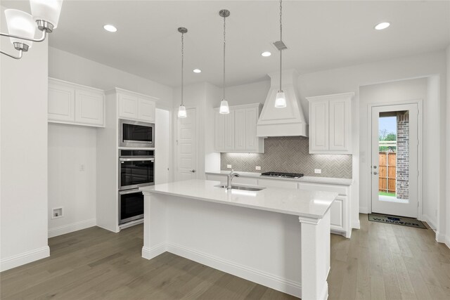 3601 Long Branch Blvd, Rowlett, TX 75088 - kitchen featuring custom exhaust hood, a sink, light wood-style floors, tasteful backsplash, and recessed lighting