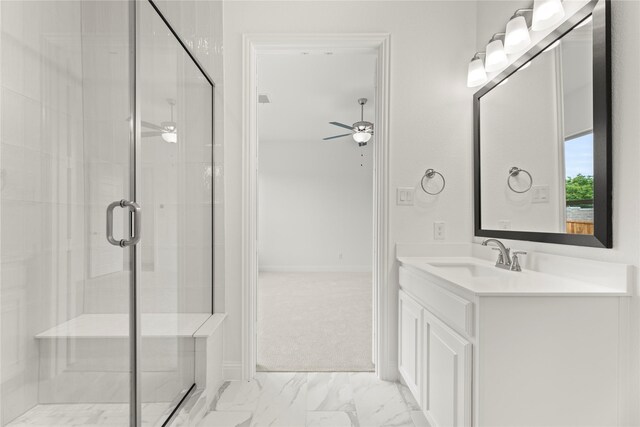 3601 Long Branch Blvd, Rowlett, TX 75088 - bathroom with a stall shower, vanity, marble finish floors, and ceiling fan