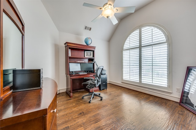 office space with dark hardwood / wood-style flooring, vaulted ceiling, ceiling fan, and plenty of natural light