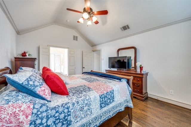 bedroom with dark hardwood / wood-style flooring, crown molding, vaulted ceiling, and ceiling fan