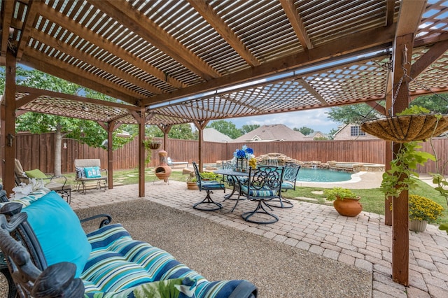 view of patio featuring a fenced in pool and a pergola