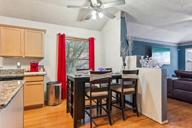 dining space featuring light hardwood / wood-style flooring, a textured ceiling, vaulted ceiling, and ceiling fan