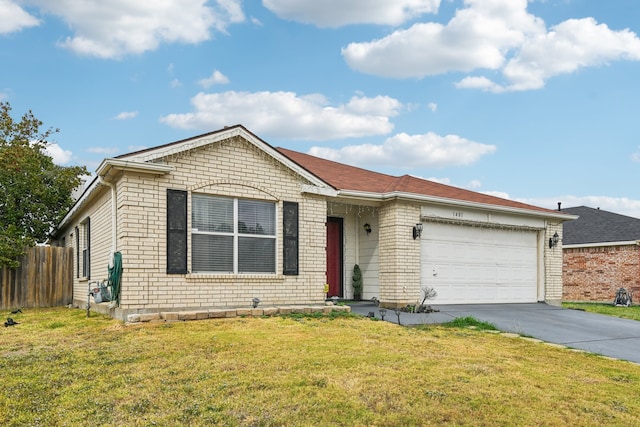 single story home with a front lawn and a garage