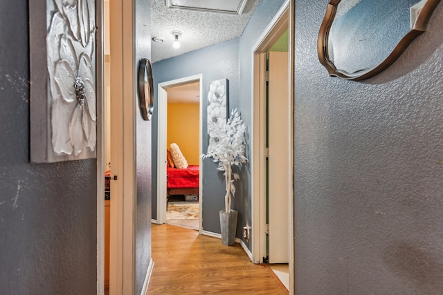 hallway featuring a textured ceiling and hardwood / wood-style flooring