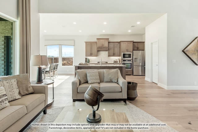 living room featuring light hardwood / wood-style floors and sink