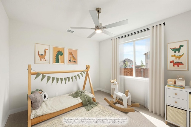 8924 New Ballinger Dr, Denton, TX 76226 - bedroom featuring visible vents, baseboards, carpet flooring, and ceiling fan