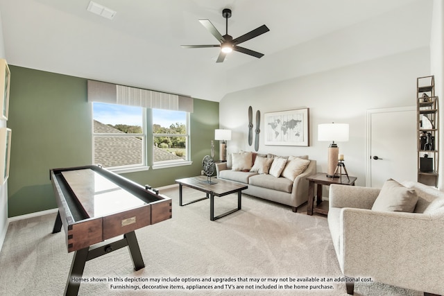 living room featuring light colored carpet and ceiling fan