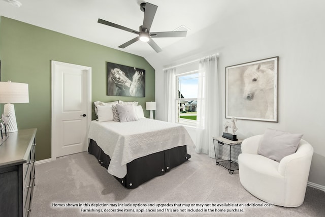 carpeted bedroom featuring vaulted ceiling and ceiling fan