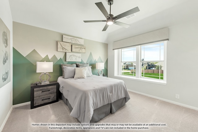 bedroom with light carpet and ceiling fan