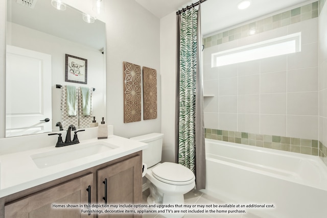 full bathroom with vanity, toilet, tile patterned floors, and independent shower and bath