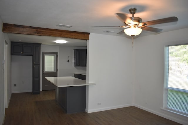 kitchen with gray cabinetry, ceiling fan, kitchen peninsula, and dark hardwood / wood-style floors