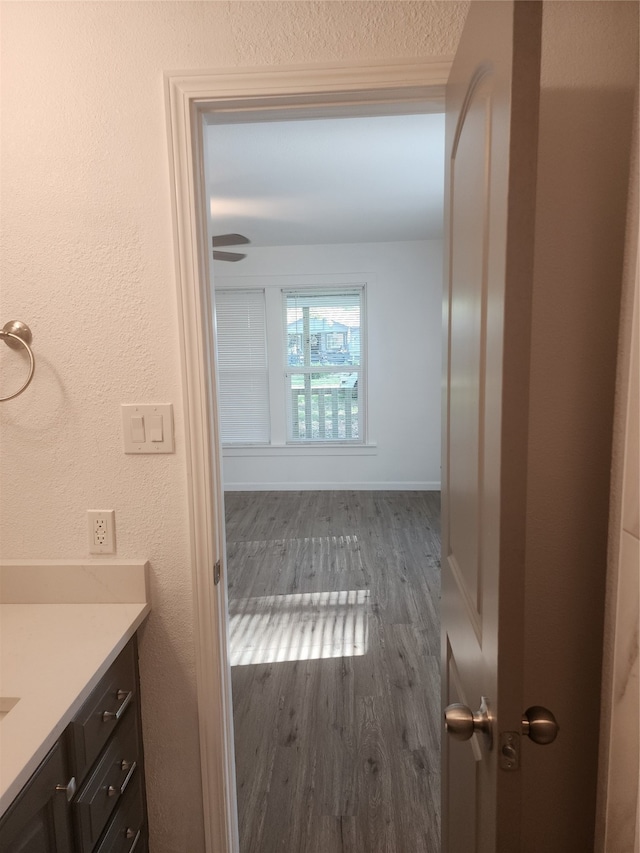 bathroom featuring vanity and hardwood / wood-style flooring