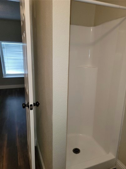 bathroom featuring walk in shower and wood-type flooring