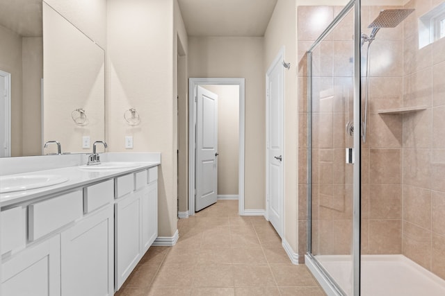 bathroom featuring vanity, tile patterned flooring, and walk in shower