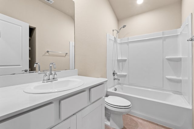 full bathroom with toilet, shower / tub combination, vanity, and tile patterned floors