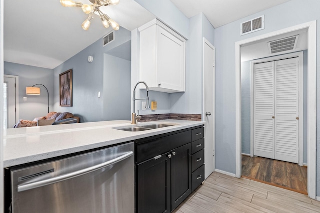 kitchen featuring sink, kitchen peninsula, white cabinets, and dishwasher