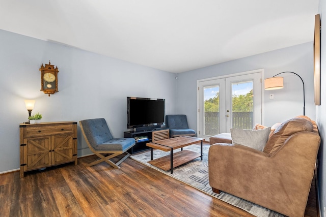 living room featuring french doors and dark hardwood / wood-style flooring