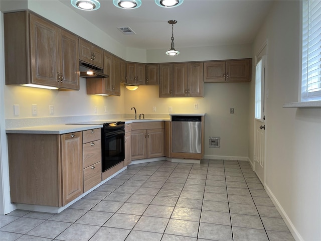 kitchen with hanging light fixtures, black electric range, light tile patterned floors, range hood, and water heater