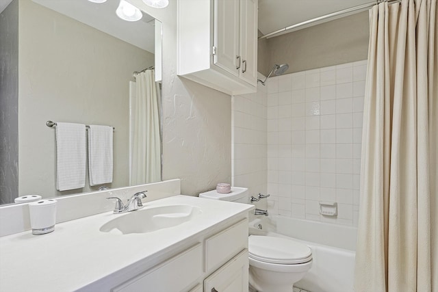 full bathroom with shower / bath combination with curtain, toilet, and vanity