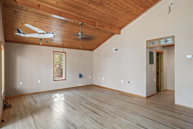 empty room featuring ceiling fan, high vaulted ceiling, wood ceiling, and light hardwood / wood-style flooring