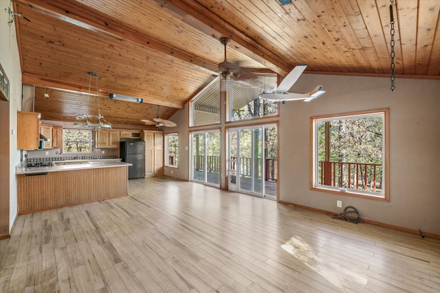 kitchen featuring black fridge, light hardwood / wood-style flooring, wooden ceiling, kitchen peninsula, and ceiling fan