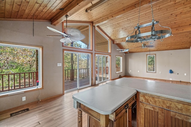 kitchen featuring light hardwood / wood-style flooring, pendant lighting, plenty of natural light, and ceiling fan