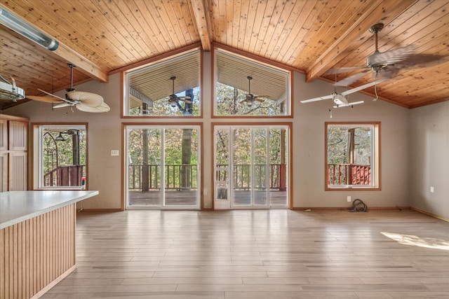 unfurnished living room with high vaulted ceiling, light hardwood / wood-style flooring, wooden ceiling, beamed ceiling, and ceiling fan