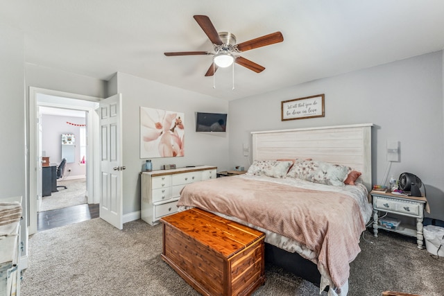 bedroom featuring carpet floors and ceiling fan