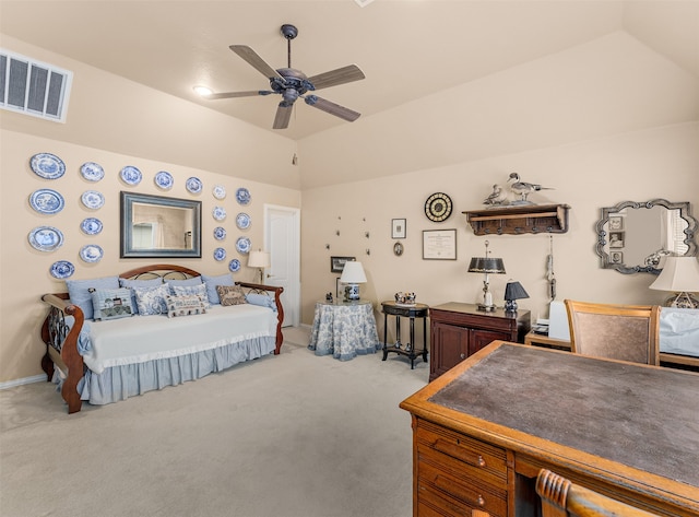 bedroom with ceiling fan, light carpet, and lofted ceiling