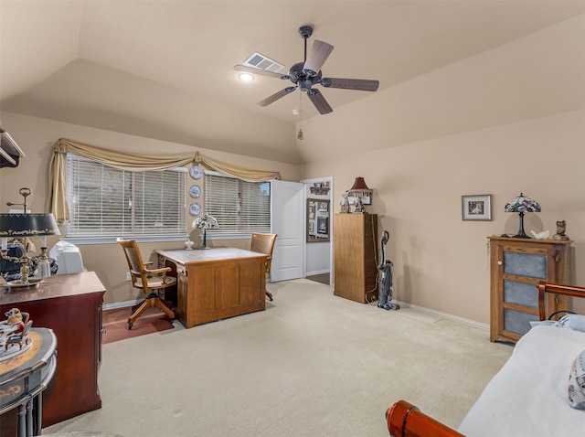 interior space featuring vaulted ceiling and ceiling fan