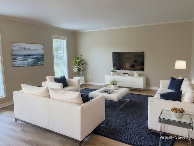 living room featuring hardwood / wood-style flooring and crown molding