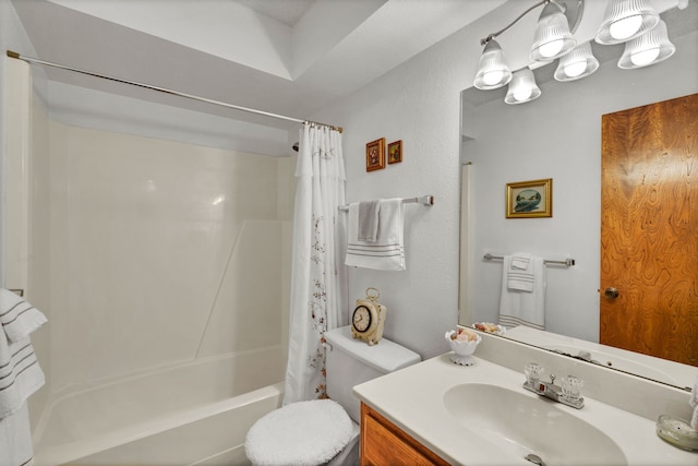 full bathroom with vanity, toilet, and shower / bath combination with curtain