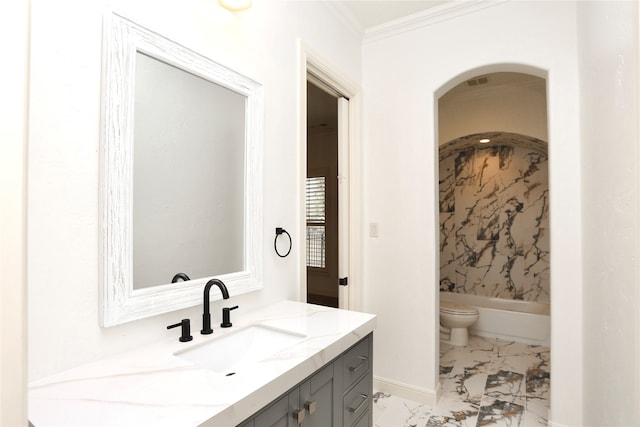 full bathroom with vanity, toilet, shower / bathtub combination, and crown molding