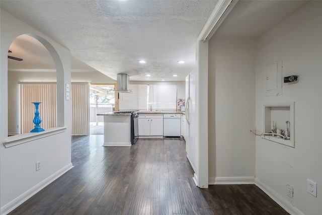 kitchen featuring island range hood, dishwasher, white cabinetry, a textured ceiling, and dark hardwood / wood-style flooring